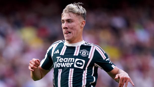 Rasmus Hojlund pictured running during his Premier League debut for Manchester United in September 2023